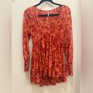 Women’s Free People Orange Floral Long Sleeve V-Neck Dress